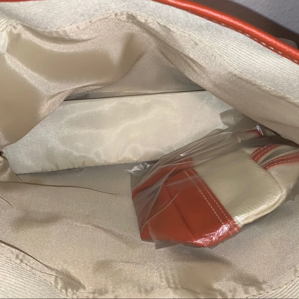 Estee Lauder Orange Leather Trim Cream Shoulder Bag Tote Purse with Pouch